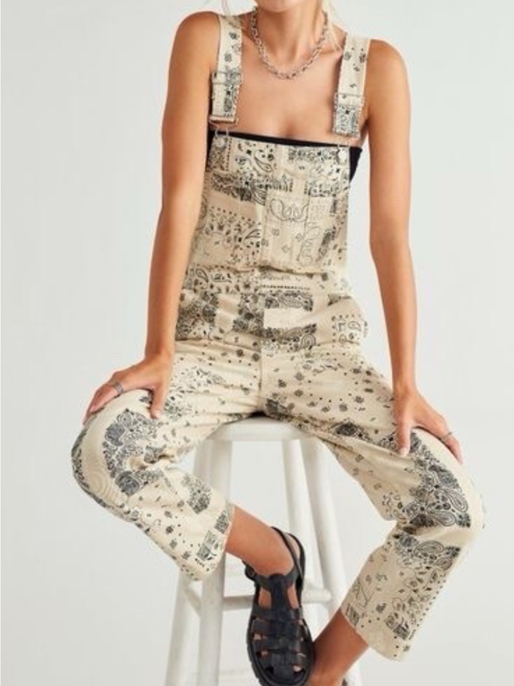 We The Free Beige Bandana-Print Denim Overalls